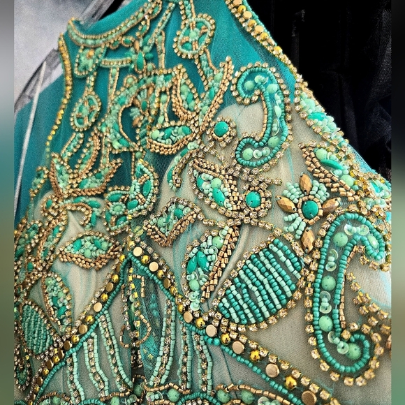 NWT Teal Jade High Neck High Slit Jewels Evening Formal Prom Dress Small - Picture 4 of 5